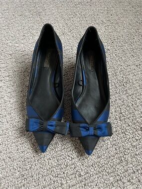 Zara Blue and Black Pointed Bow Kitten Heels
